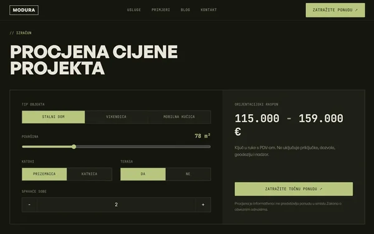 Web stranica Modura, kalkulator cijene
