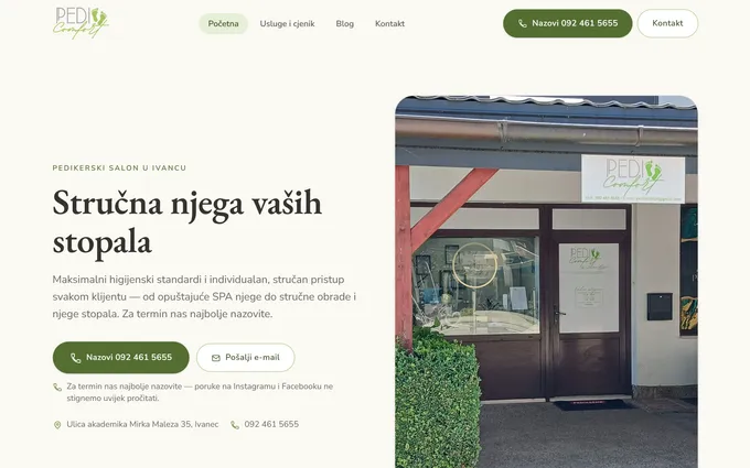 Web stranica salona Pedi Comfort, naslovnica