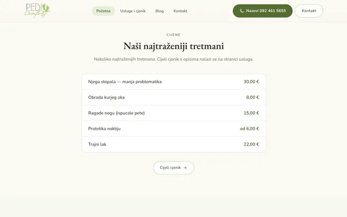 Web stranica salona Pedi Comfort, cjenik tretmana