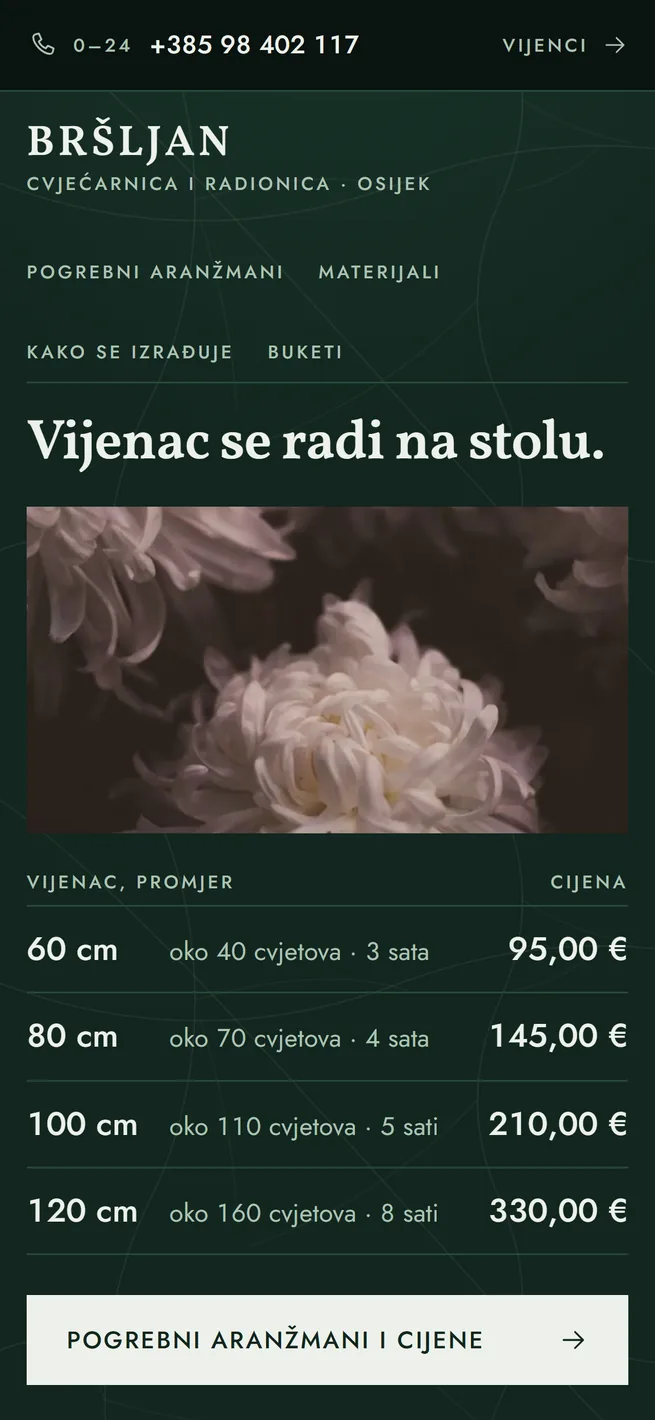 Naslovnica BRŠLJANA na mobitelu, cjenik vijenaca po promjeru