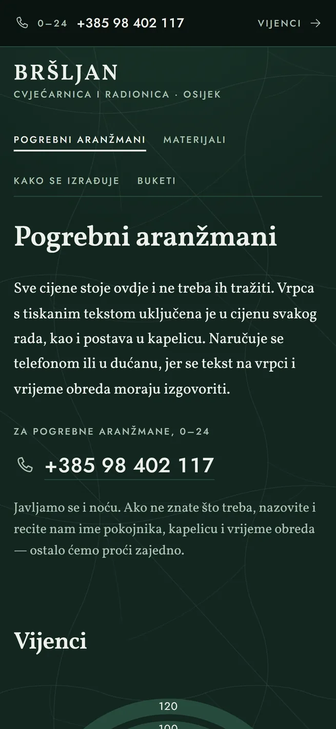 Stranica pogrebnih aranžmana na mobitelu, cijene i broj 0–24