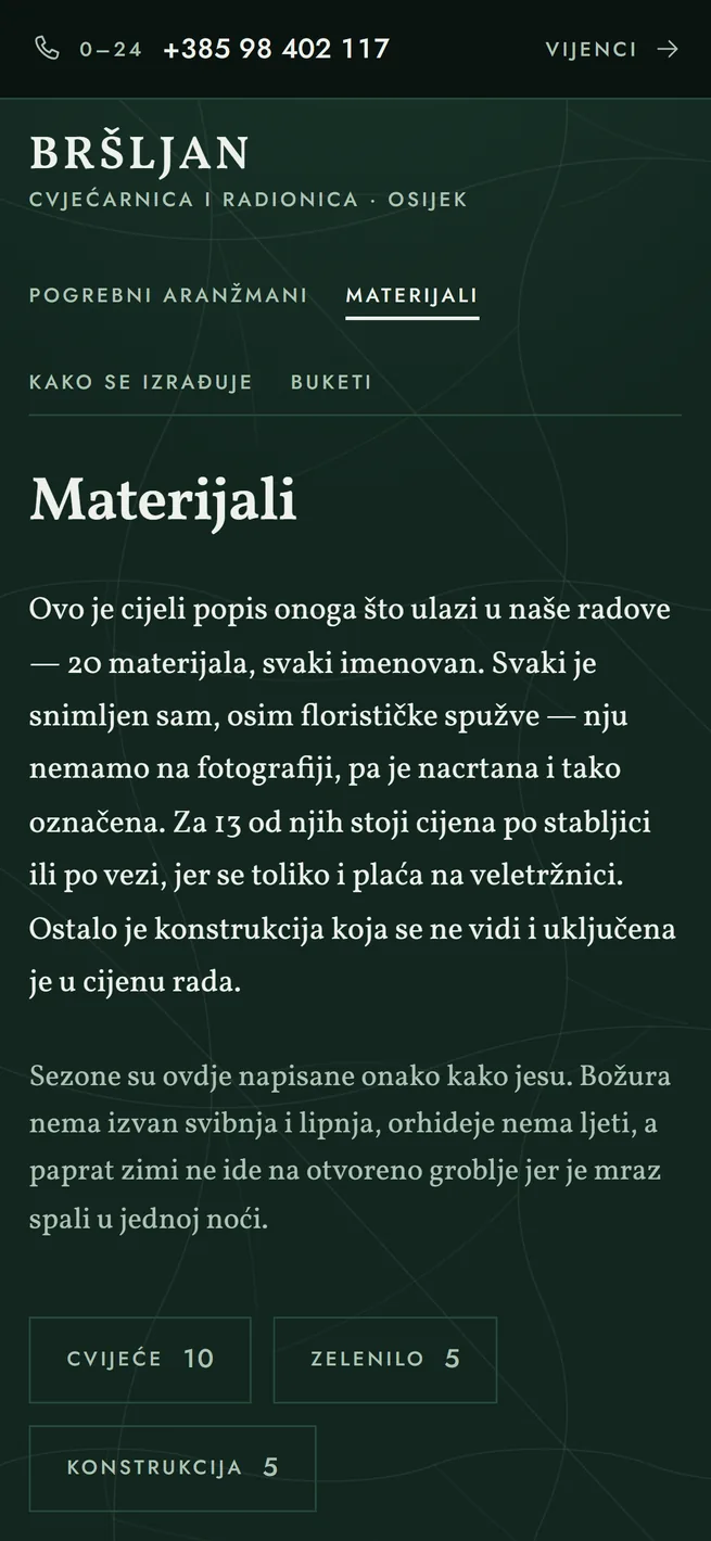 Stranica materijala na mobitelu, popis s cijenama po stabljici
