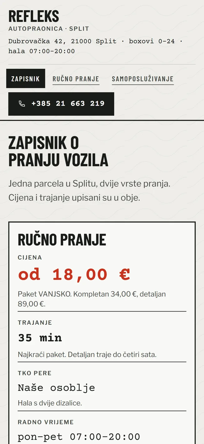 Naslovnica REFLEKSA na mobitelu, zapisnik o pranju vozila