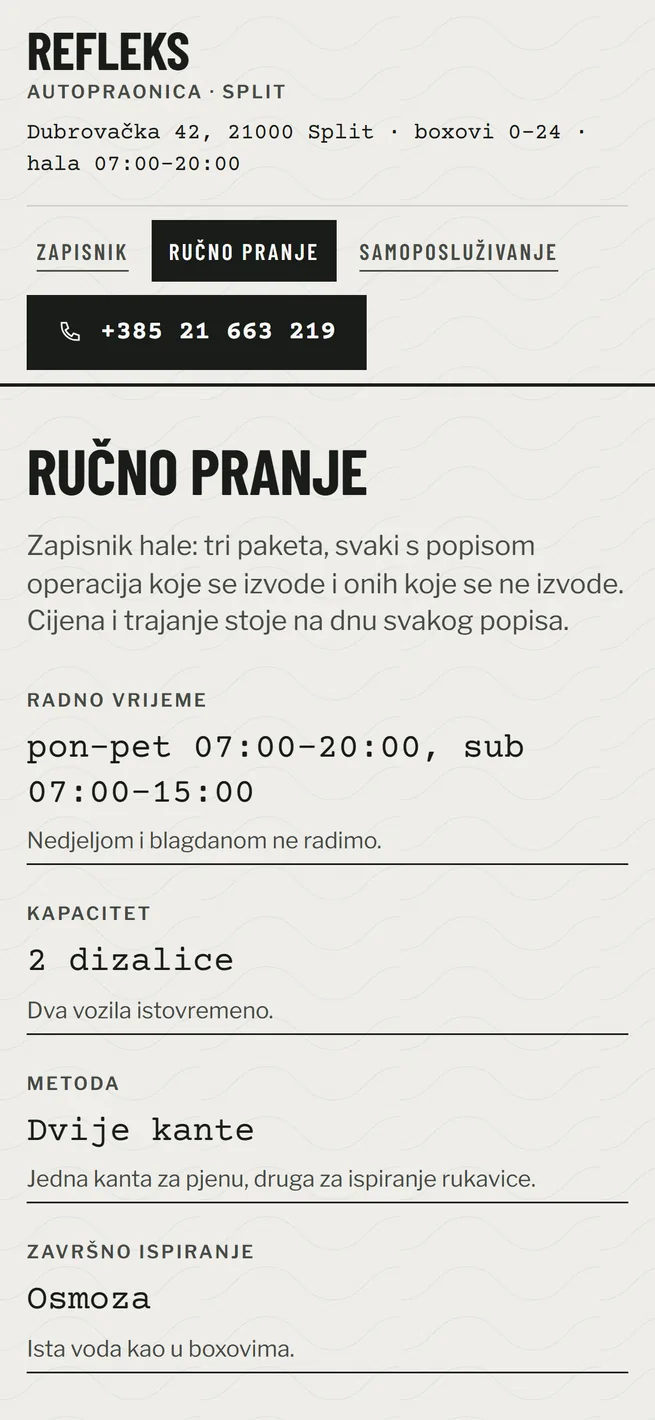 Stranica ručnog pranja na mobitelu, paketi i trajanje