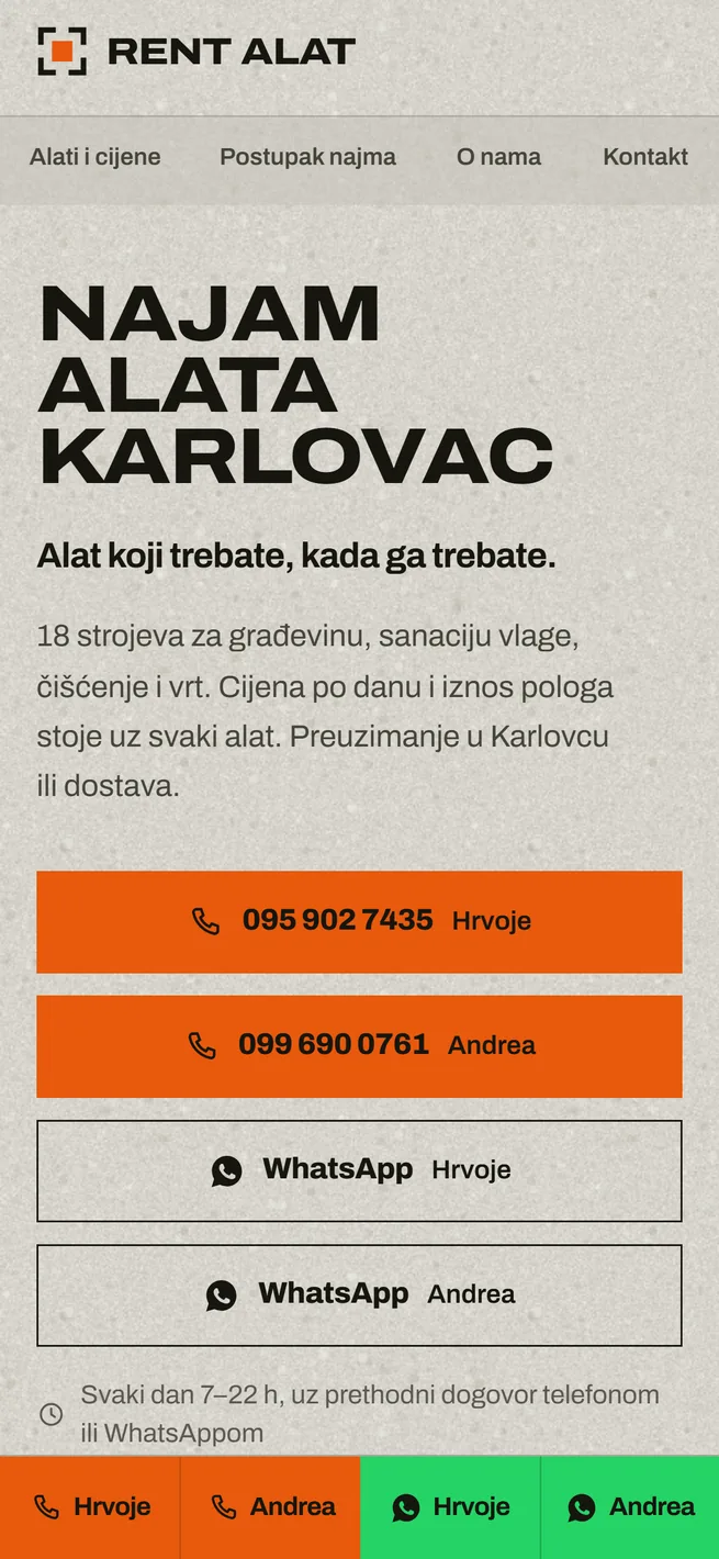 Naslovnica Rent alata na mobitelu, gumbi za poziv i WhatsApp