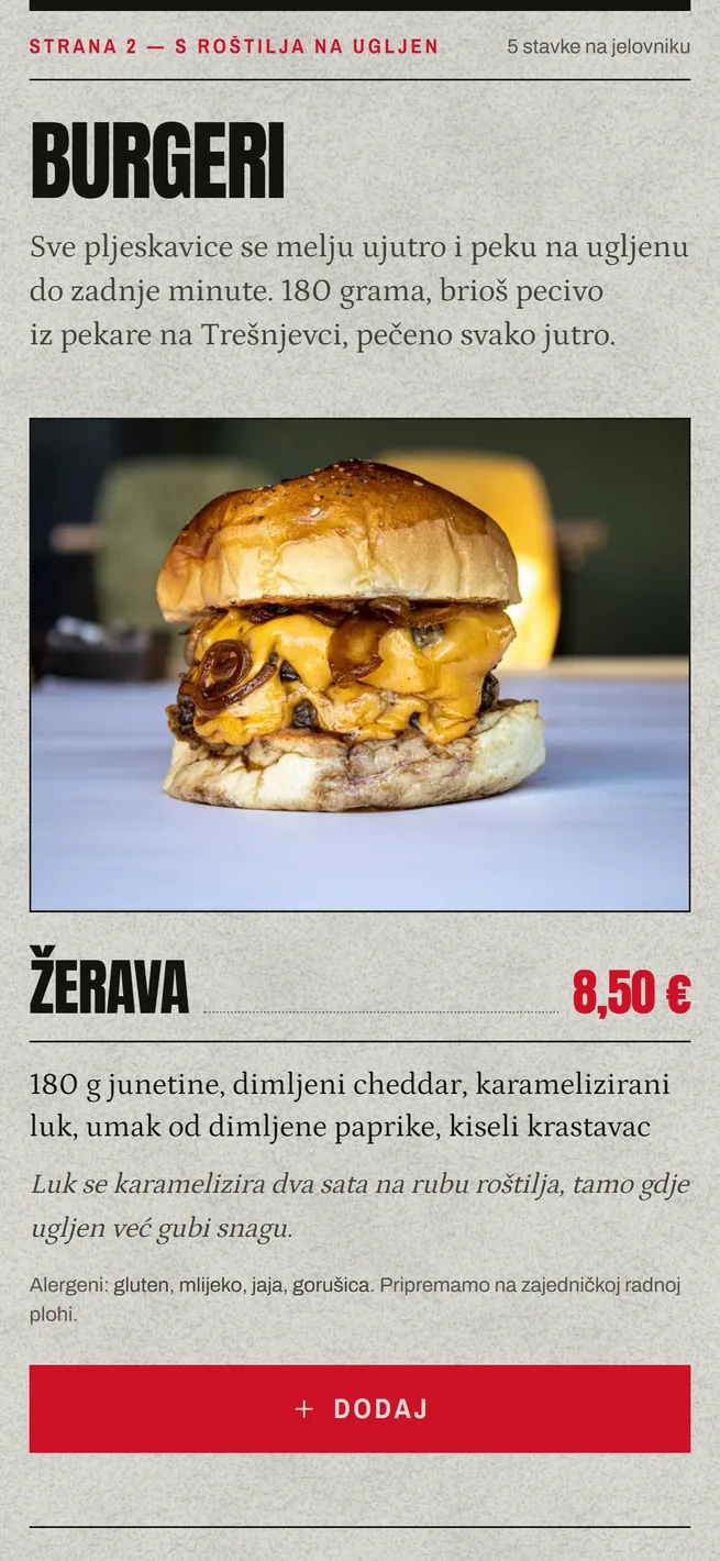 Jelovnik burgera na mobitelu, fotografija, cijena i alergeni