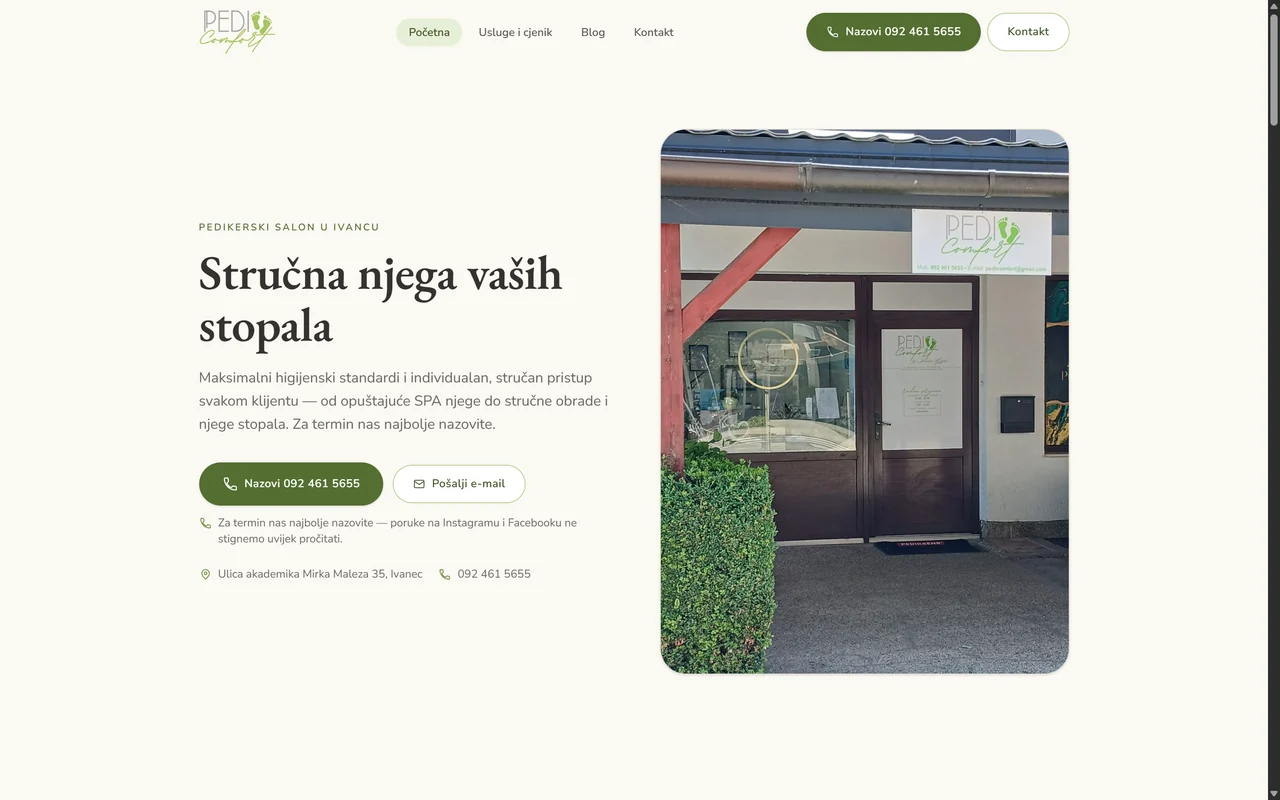 Naslovnica web stranice salona Pedi Comfort