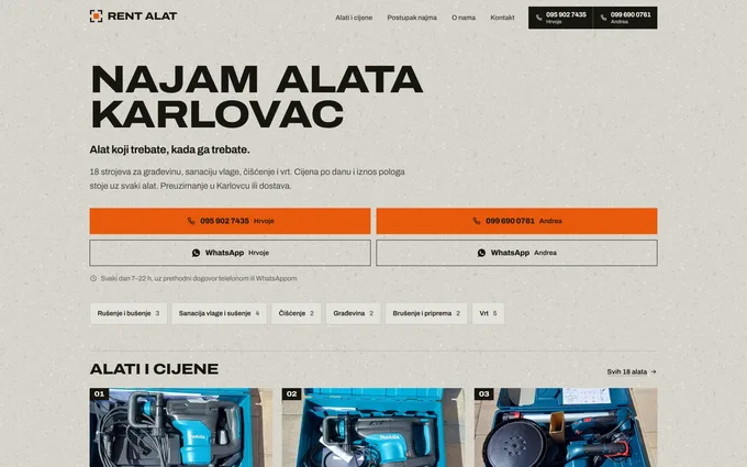Naslovnica web stranice Rent alat, najam alata u Karlovcu